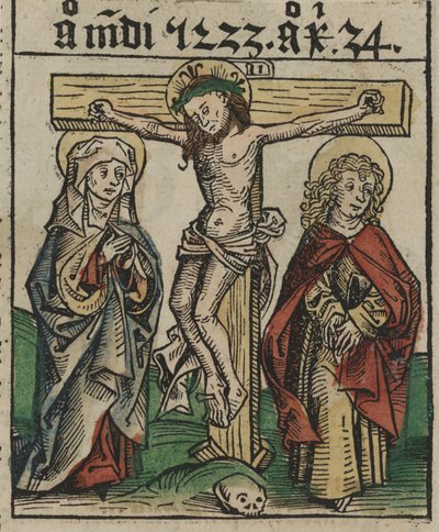 The Crucifixion, sent 1400-tal (handfärgat träsnitt) av European School