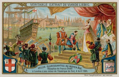 Mottagandet av Francis Drake till London från Sydamerika 1581 (chromolitho) av European School