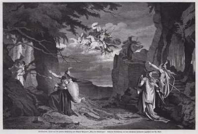 The Ride of the Valkyries, scen från Die Walkure, den andra operan i Richard Wagners Der Ring des Nibelungen, uppförd på Nationalteatern, München (gravyr) av European School