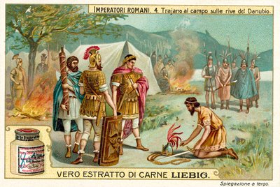 Den romerske kejsaren Trajanus slog läger vid Donaus strand (chromolitho) av European School