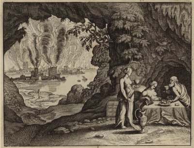 Brännandet av Sodom, och Lots döttrar fick honom full så att de kunde få barn med honom (gravyr) av European School