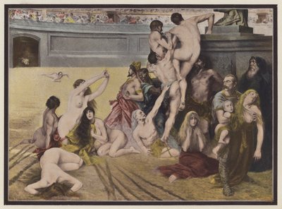 Cirkus, människor som kastas för lejonen i en romersk arena (färg litho) av European School