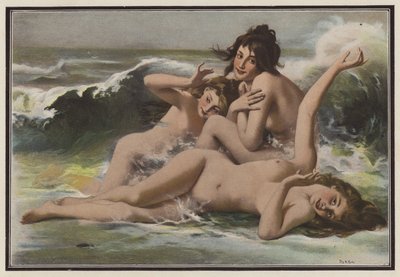 Tre kvinnor bland vågorna (färg litho) av European School