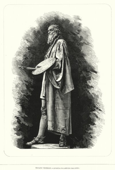 Tizian, italiensk renässanskonstnär, staty av Antonio dal Zotto (litho) av European School