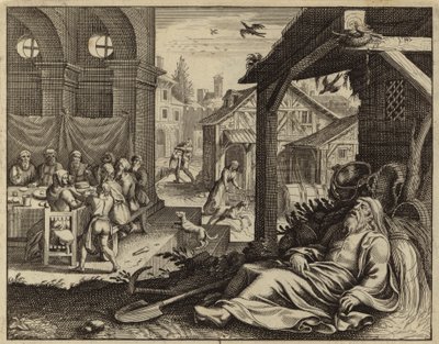 Tobit förblindad av sparvars spillning (gravyr) av European School