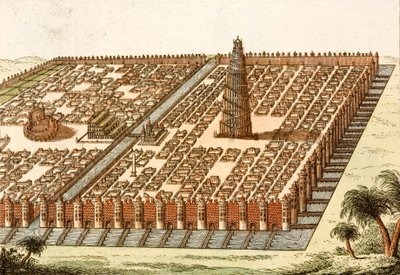 Babels torn, kungliga palatset och Babylons hängande trädgårdar (färgad gravyr) av European School