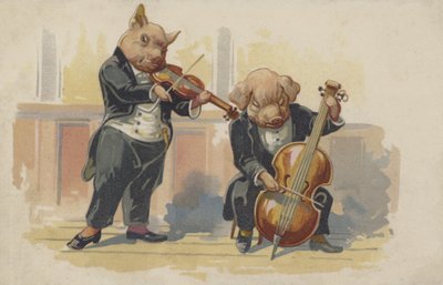 Två grisar spelar musikinstrument (färglitografi) av European School