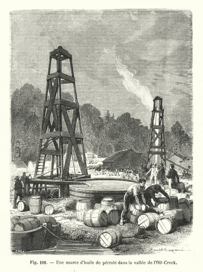 En källa till petroleumolja i dalen Oil-Creek (gravyr) av European School