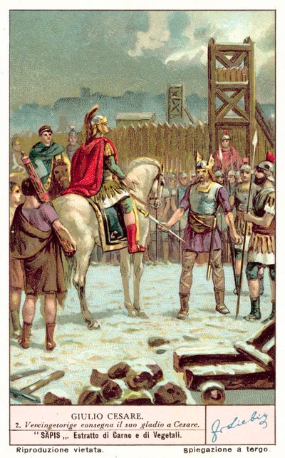 Vercingetorix överlämnade sitt svärd till Julius Caesar efter belägringen av Alesia, 52 f.Kr. (chromolitho) av European School