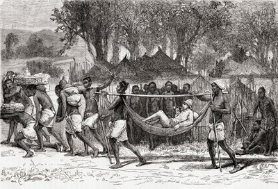 Verney Lovett Cameron anländer till byn Oulonnda, Afrika, 1878 (trägravyr) av European School