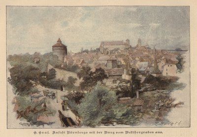 Utsikt över Nürnberg och dess slott, Tyskland (färgad gravyr) av European School