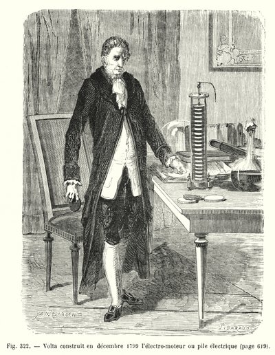 Volta bygger i december 1799 elektromotorn eller elpålen (gravyr) av European School