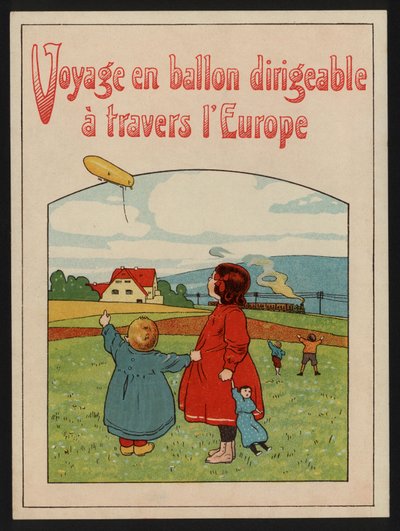 Dirigible ballongresa genom Europa (färg litho) av European School