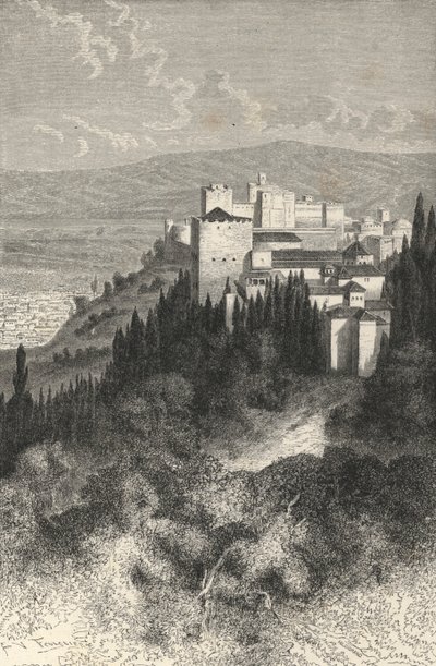 Exteriörvy av Alhambra (gravyr) av European School