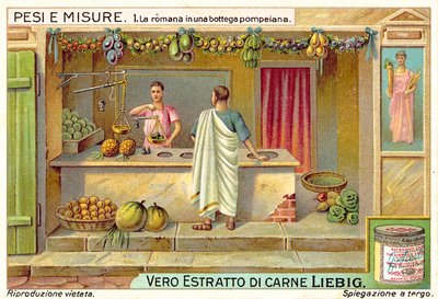 Väger frukt i en butik i Pompeji (chromolitho) av European School