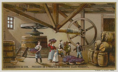 Vintillverkning: vinpress från Hospices de Beaune, Clos de Vougeot, Bourgogne, Frankrike av European School