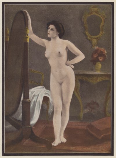 Kvinna framför spegeln (färg litho) av European School