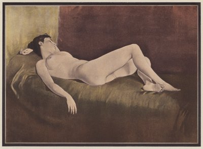 Kvinna liggande på en säng (färg litho) av European School
