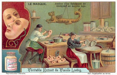 Workshop av en medeltida maskmakare (chromolitho) av European School