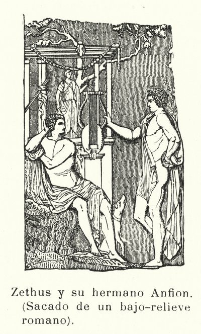 Zethus och Amphion, tvillingsöner till Zeus, romersk basrelief (lito) av European School
