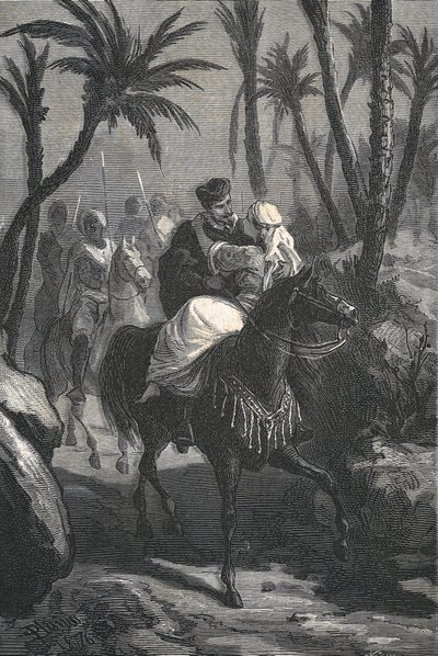 Cervantes rider en häst med en kvinna i en oas av Eusebio Planas