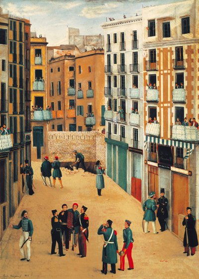 Medlemmar av trupperna gör uppror mot Espartero-regeringen som talar till medlemmarna i Batallo de la Brusa (Blusbataljonen) på gatan de la Bajada de la Llibreteria i Barcelona av Eusebio Valldeperas y Merich