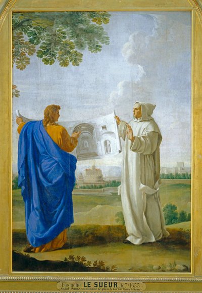Saint Bruno undersöker en ritning av de termiska baden i Diocletien, framtida plats för charterhuset i Rom ... av Eustache (studio of) Le Sueur
