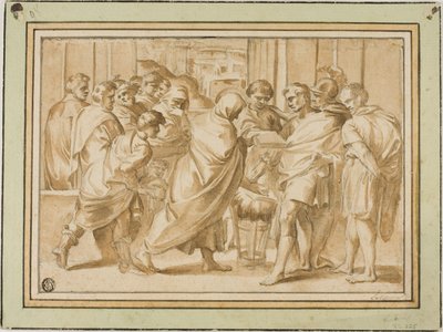 Scen från romersk historia, med draperad figur som presenterar bok för linjal av Eustache Le Sueur