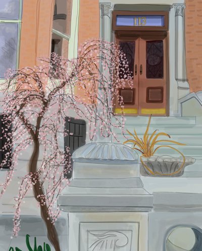 Blooming Cherry Tree, Brooklyn, 2017 (handritad på en iPad med en Apple-penna) av Evan Sklar