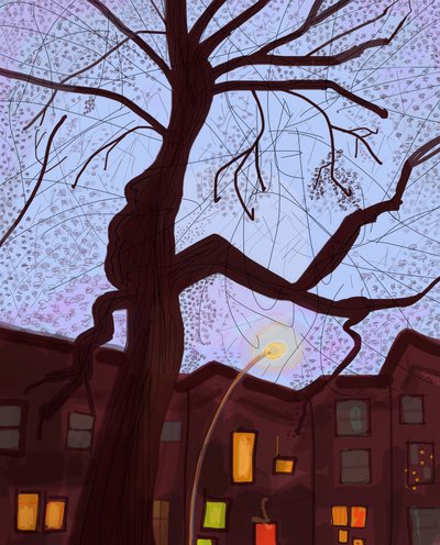 Brooklyn Brownstone Street At Dusk, 2016 (handritad på en iPad med en Apple-penna) av Evan Sklar