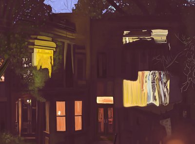 Brownstones på natten , ca 2020-24 (digital konst) av Evan Sklar