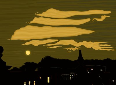 Moln, måne och park från taket (digital konst) av Evan Sklar