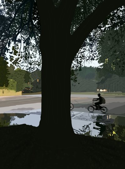Cyklist och vattenpöl på Brooklyn Street (digital konst) av Evan Sklar