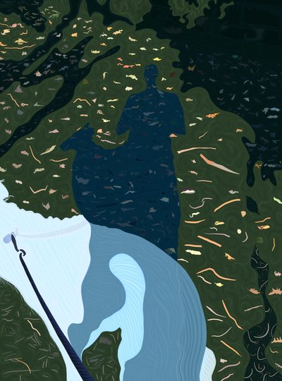 Hund, löv, människa (digital konst) av Evan Sklar