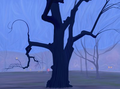 Stort blått träd ensamt på fält i dimmig morgonskymning Brooklyn (digital konst) av Evan Sklar