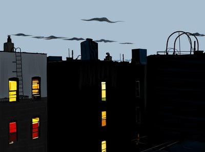 Tak och byggnader på en sommarnatt (digital konst) av Evan Sklar