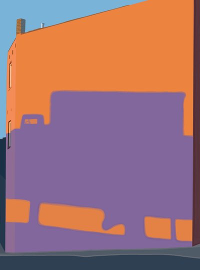 Skugga av lastbil från upphöjd motorväg på sidan av byggnad. (digital konst) av Evan Sklar