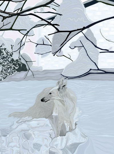 Vit hund i snö (digital konst) av Evan Sklar
