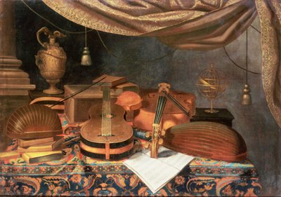 En gitarr, en cello, lutor, ett partitur och andra böcker och en armillärglob på ett draperat bord av Evaristo Baschenis