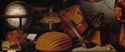 Stilleben med musikinstrument, Globe and Armillary Sphere Detail, 1600-talet. av Evaristo Baschenis