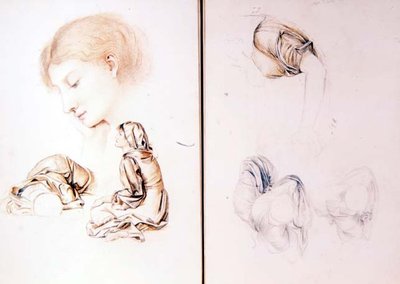 Sex studier av kvinnliga modeller, två sidor från en av konstnärens skissböcker (penna, krita på papper) av Evelyn De Morgan