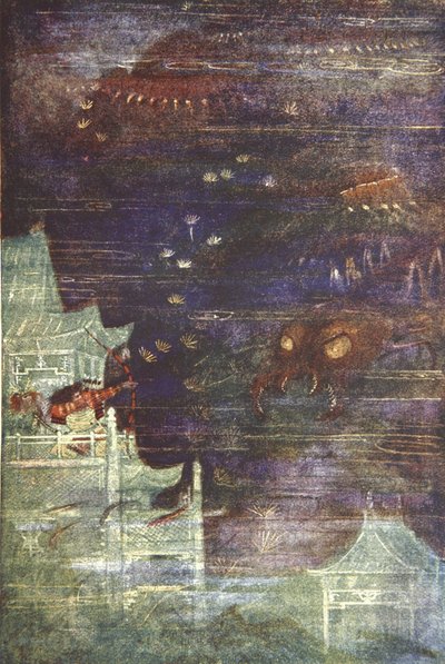 Hidesato och tusenfotingen, illustration från "The Myths and Legends of Japan" av F Hadland Davis av Evelyn Paul