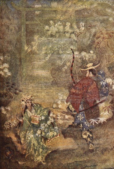 Hoori och havets guds dotter, illustration från "The Myths and Legends of Japan" av F Hadland Davis av Evelyn Paul