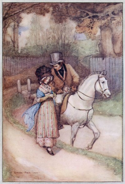 Illustration för Cranford av Mrs Gaskell (färg litho) av Evelyn Paul