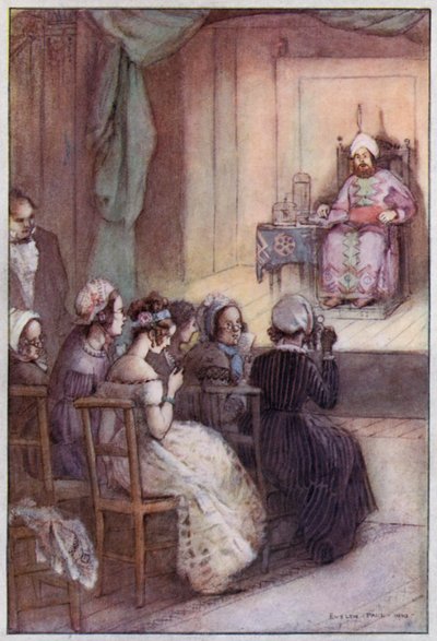 Illustration för Cranford av Mrs Gaskell (färg litho) av Evelyn Paul