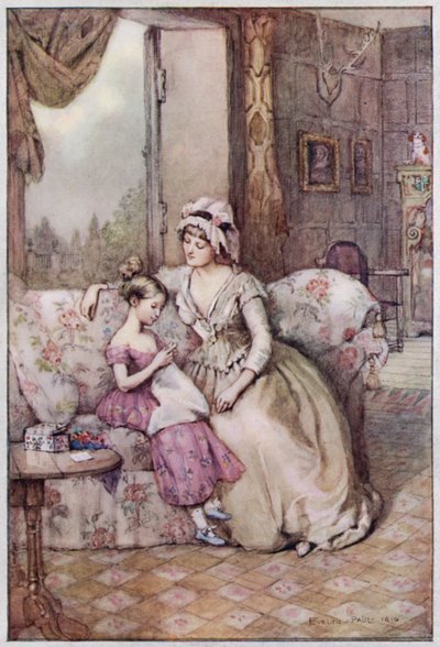 Illustration för Cranford av Mrs Gaskell (färg litho) av Evelyn Paul