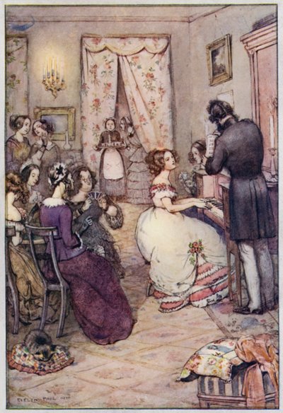 Illustration för Cranford av Mrs Gaskell (färg litho) av Evelyn Paul