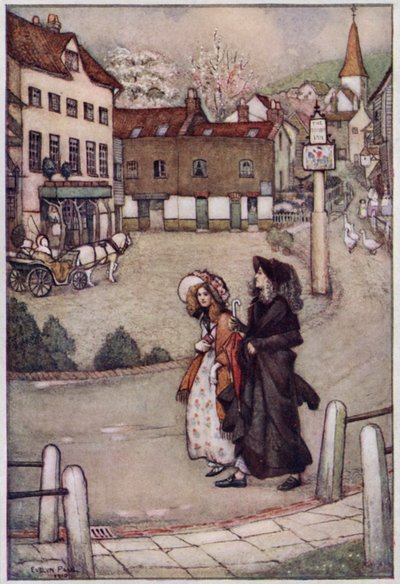 Illustration för Cranford av Mrs Gaskell (färg litho) av Evelyn Paul