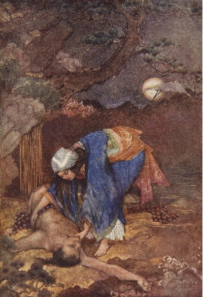 Matsu räddar Teoyo, illustration från "The Myths and Legends of Japan" av F. Hadland Davis av Evelyn Paul