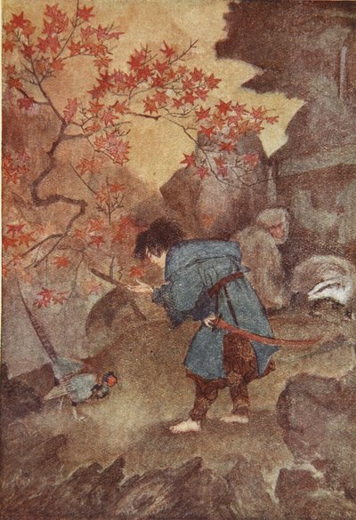 Momotaro och fasanen, illustration från "The Myths and Legends of Japan" av F Hadland Davis av Evelyn Paul